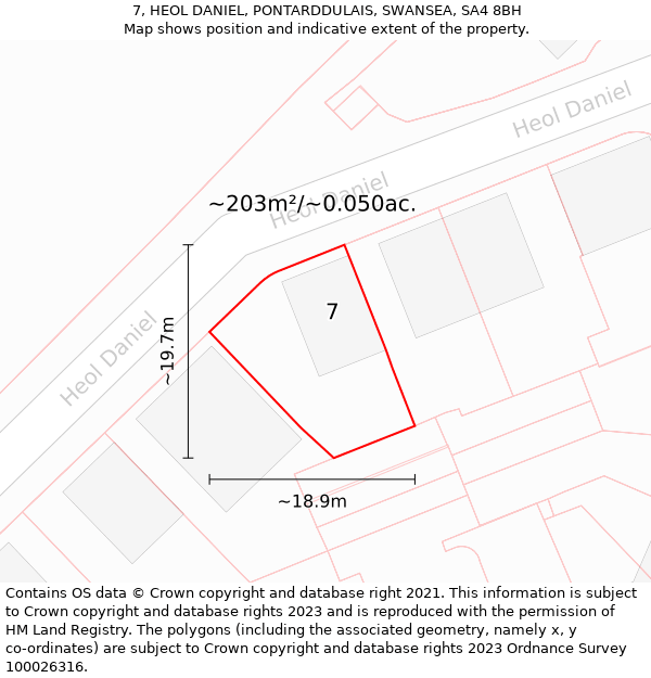 7, HEOL DANIEL, PONTARDDULAIS, SWANSEA, SA4 8BH: Plot and title map