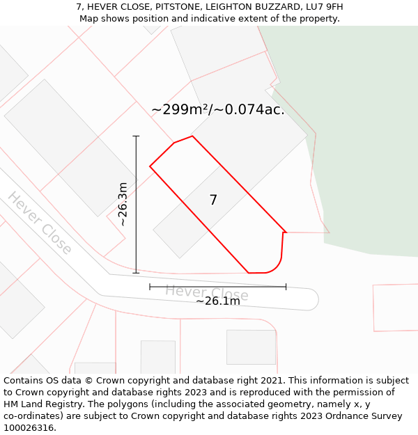 7, HEVER CLOSE, PITSTONE, LEIGHTON BUZZARD, LU7 9FH: Plot and title map