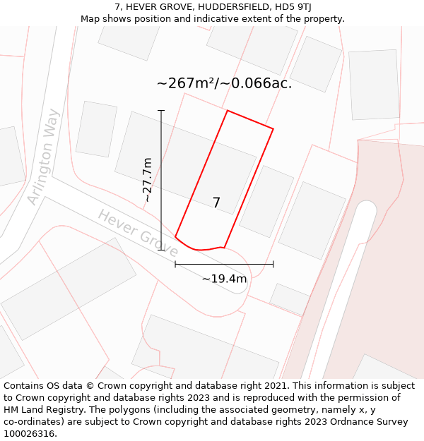 7, HEVER GROVE, HUDDERSFIELD, HD5 9TJ: Plot and title map