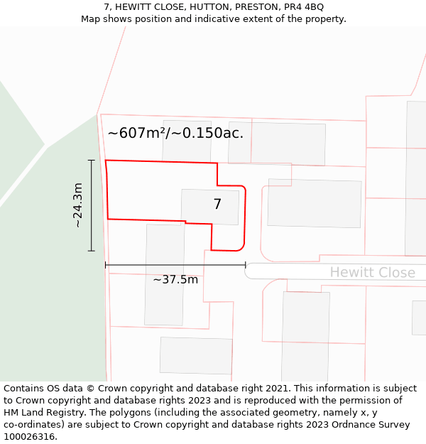 7, HEWITT CLOSE, HUTTON, PRESTON, PR4 4BQ: Plot and title map