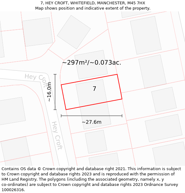 7, HEY CROFT, WHITEFIELD, MANCHESTER, M45 7HX: Plot and title map