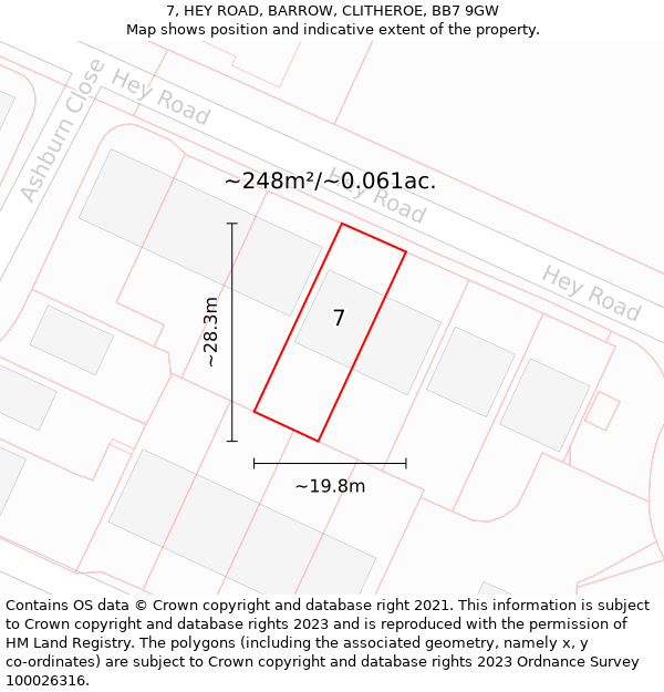 7, HEY ROAD, BARROW, CLITHEROE, BB7 9GW: Plot and title map