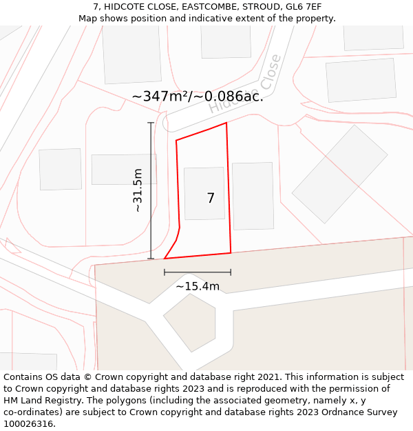 7, HIDCOTE CLOSE, EASTCOMBE, STROUD, GL6 7EF: Plot and title map