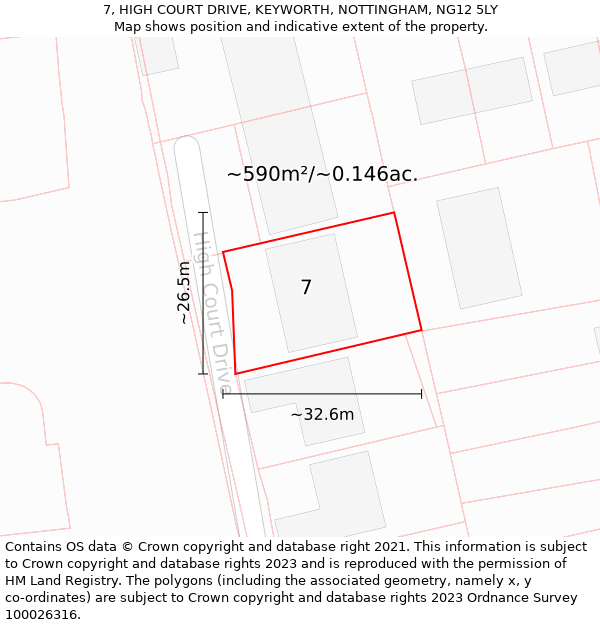 7, HIGH COURT DRIVE, KEYWORTH, NOTTINGHAM, NG12 5LY: Plot and title map