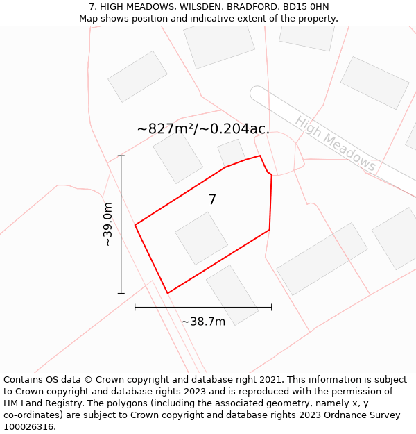 7, HIGH MEADOWS, WILSDEN, BRADFORD, BD15 0HN: Plot and title map