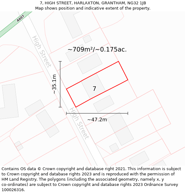 7, HIGH STREET, HARLAXTON, GRANTHAM, NG32 1JB: Plot and title map