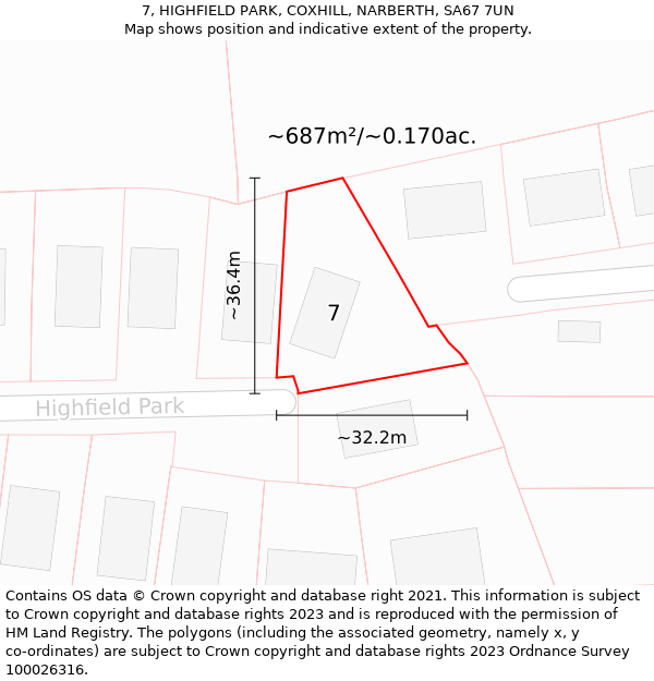 7, HIGHFIELD PARK, COXHILL, NARBERTH, SA67 7UN: Plot and title map