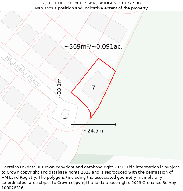 7, HIGHFIELD PLACE, SARN, BRIDGEND, CF32 9RR: Plot and title map