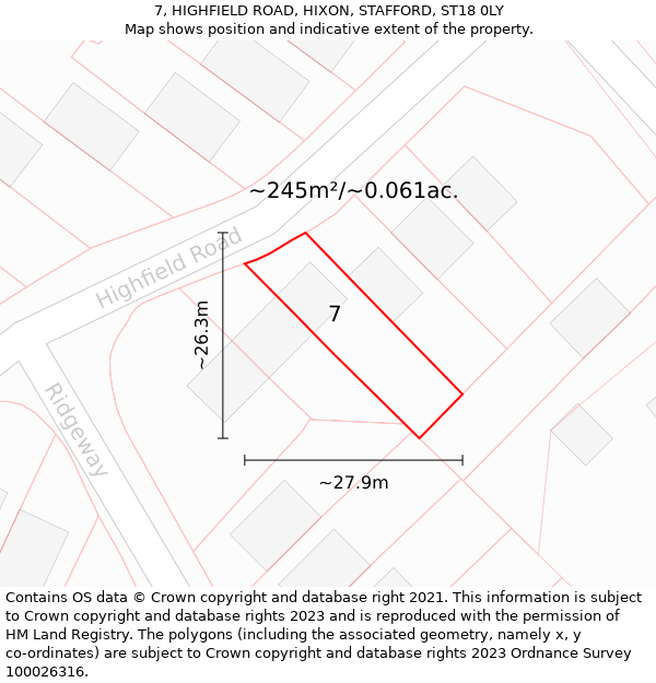 7, HIGHFIELD ROAD, HIXON, STAFFORD, ST18 0LY: Plot and title map