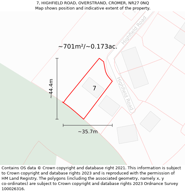 7, HIGHFIELD ROAD, OVERSTRAND, CROMER, NR27 0NQ: Plot and title map