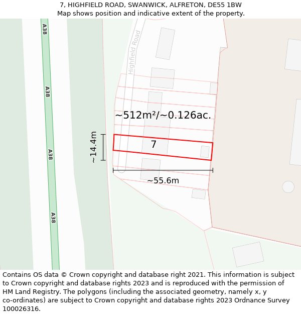 7, HIGHFIELD ROAD, SWANWICK, ALFRETON, DE55 1BW: Plot and title map