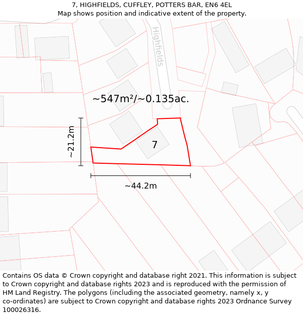 7, HIGHFIELDS, CUFFLEY, POTTERS BAR, EN6 4EL: Plot and title map