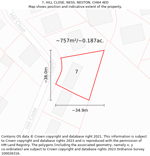 7, HILL CLOSE, NESS, NESTON, CH64 4ED: Plot and title map