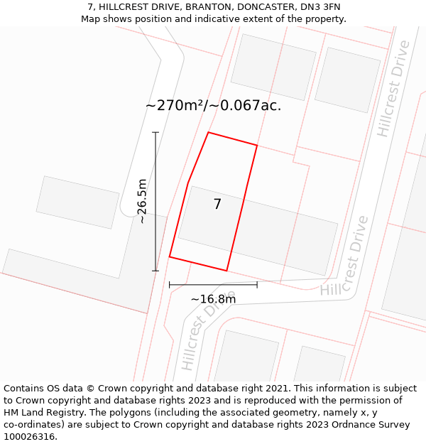 7, HILLCREST DRIVE, BRANTON, DONCASTER, DN3 3FN: Plot and title map