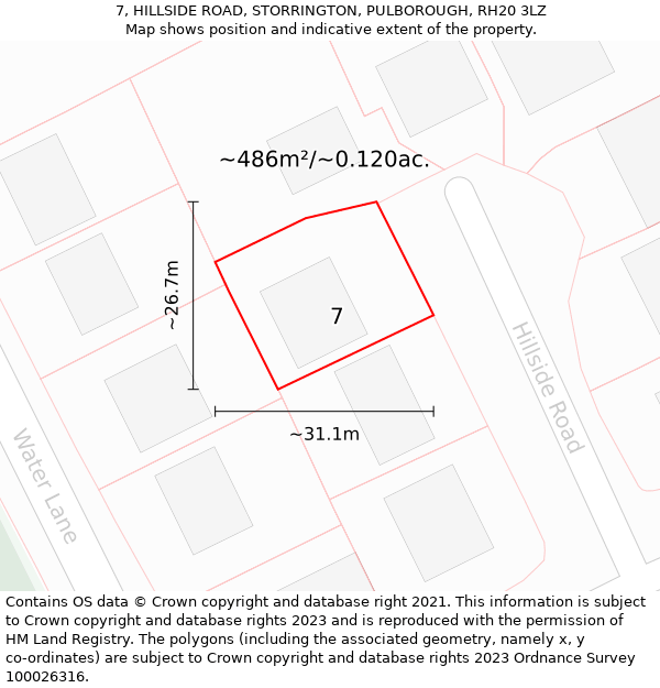 7, HILLSIDE ROAD, STORRINGTON, PULBOROUGH, RH20 3LZ: Plot and title map