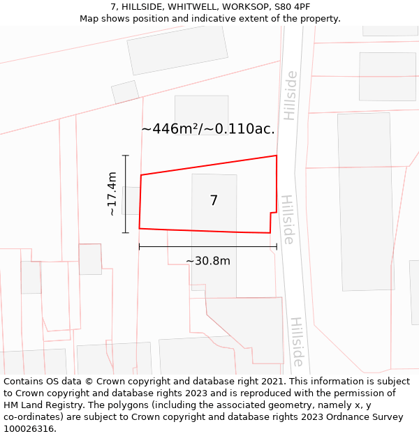 7, HILLSIDE, WHITWELL, WORKSOP, S80 4PF: Plot and title map