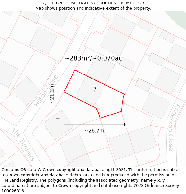 7, HILTON CLOSE, HALLING, ROCHESTER, ME2 1GB: Plot and title map