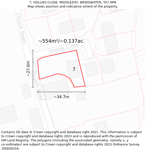 7, HOLLIES CLOSE, MIDDLEZOY, BRIDGWATER, TA7 0PN: Plot and title map