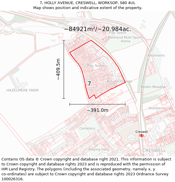 7, HOLLY AVENUE, CRESWELL, WORKSOP, S80 4UL: Plot and title map
