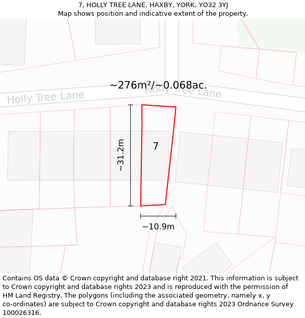 7, HOLLY TREE LANE, HAXBY, YORK, YO32 3YJ: Plot and title map