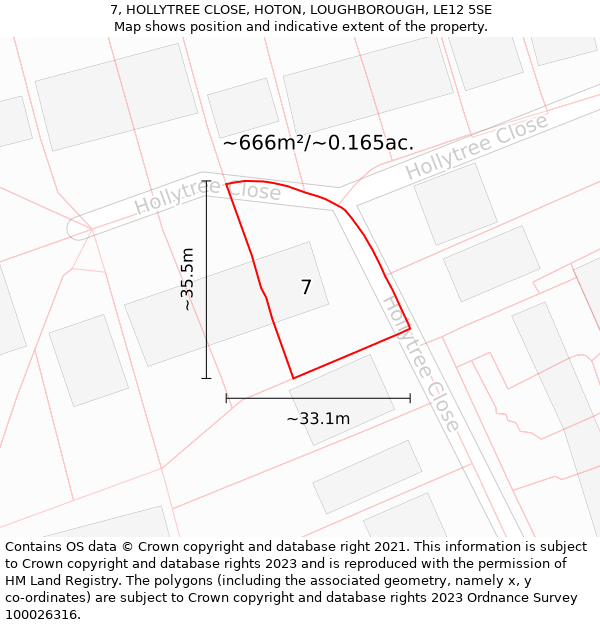 7, HOLLYTREE CLOSE, HOTON, LOUGHBOROUGH, LE12 5SE: Plot and title map