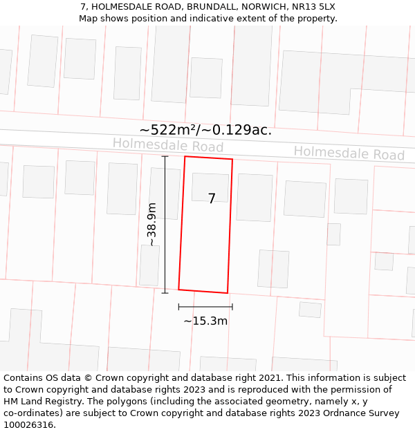 7, HOLMESDALE ROAD, BRUNDALL, NORWICH, NR13 5LX: Plot and title map