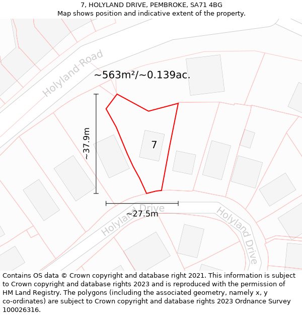 7, HOLYLAND DRIVE, PEMBROKE, SA71 4BG: Plot and title map