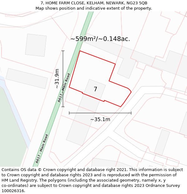 7, HOME FARM CLOSE, KELHAM, NEWARK, NG23 5QB: Plot and title map