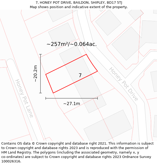 7, HONEY POT DRIVE, BAILDON, SHIPLEY, BD17 5TJ: Plot and title map