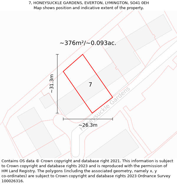 7, HONEYSUCKLE GARDENS, EVERTON, LYMINGTON, SO41 0EH: Plot and title map