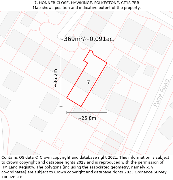 7, HONNER CLOSE, HAWKINGE, FOLKESTONE, CT18 7RB: Plot and title map