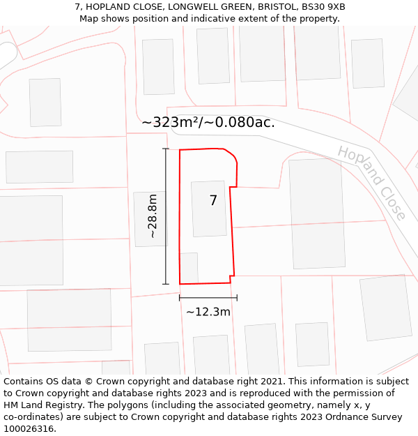 7, HOPLAND CLOSE, LONGWELL GREEN, BRISTOL, BS30 9XB: Plot and title map