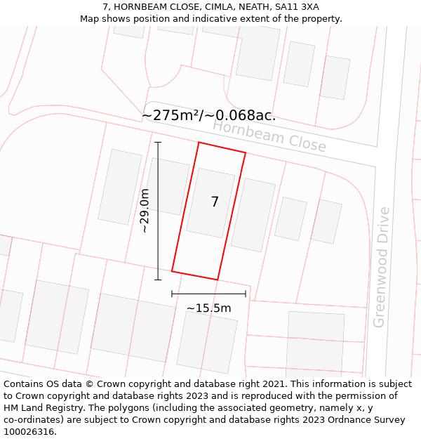 7, HORNBEAM CLOSE, CIMLA, NEATH, SA11 3XA: Plot and title map