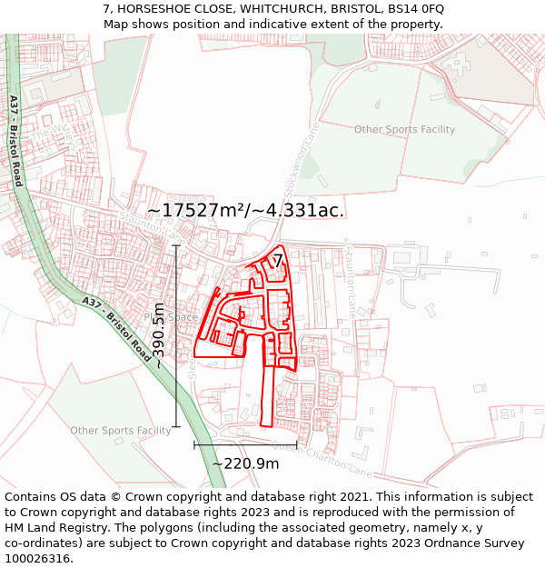 7, HORSESHOE CLOSE, WHITCHURCH, BRISTOL, BS14 0FQ: Plot and title map