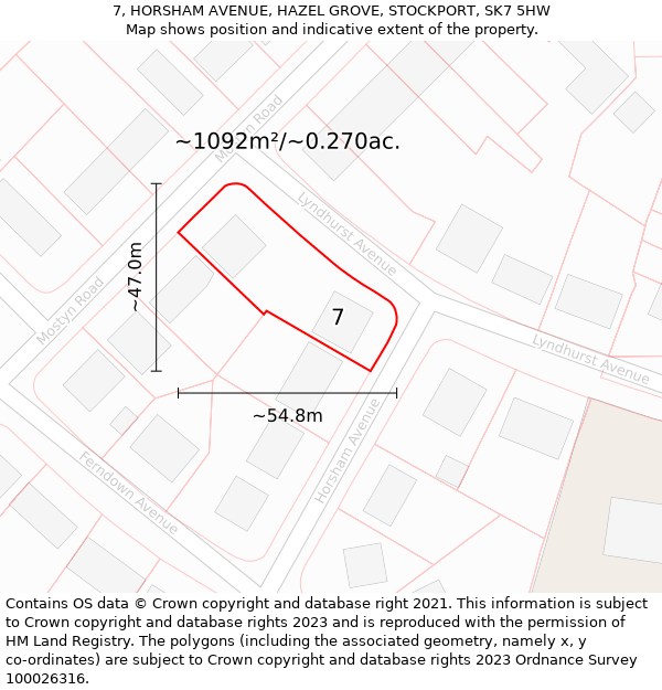 7, HORSHAM AVENUE, HAZEL GROVE, STOCKPORT, SK7 5HW: Plot and title map