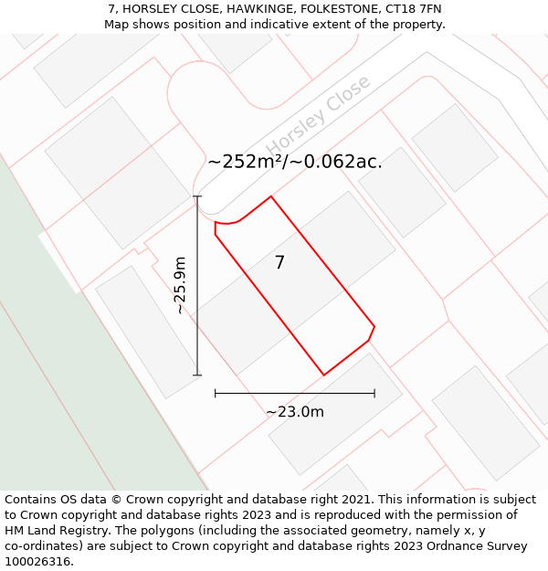 7, HORSLEY CLOSE, HAWKINGE, FOLKESTONE, CT18 7FN: Plot and title map