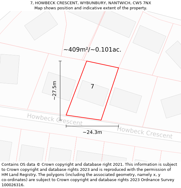 7, HOWBECK CRESCENT, WYBUNBURY, NANTWICH, CW5 7NX: Plot and title map