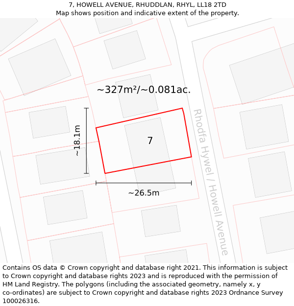 7, HOWELL AVENUE, RHUDDLAN, RHYL, LL18 2TD: Plot and title map