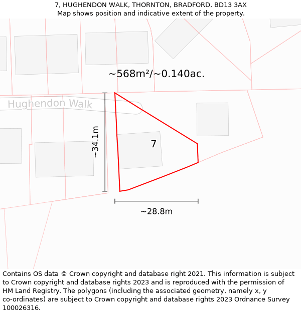 7, HUGHENDON WALK, THORNTON, BRADFORD, BD13 3AX: Plot and title map