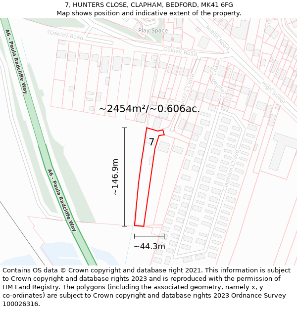 7, HUNTERS CLOSE, CLAPHAM, BEDFORD, MK41 6FG: Plot and title map