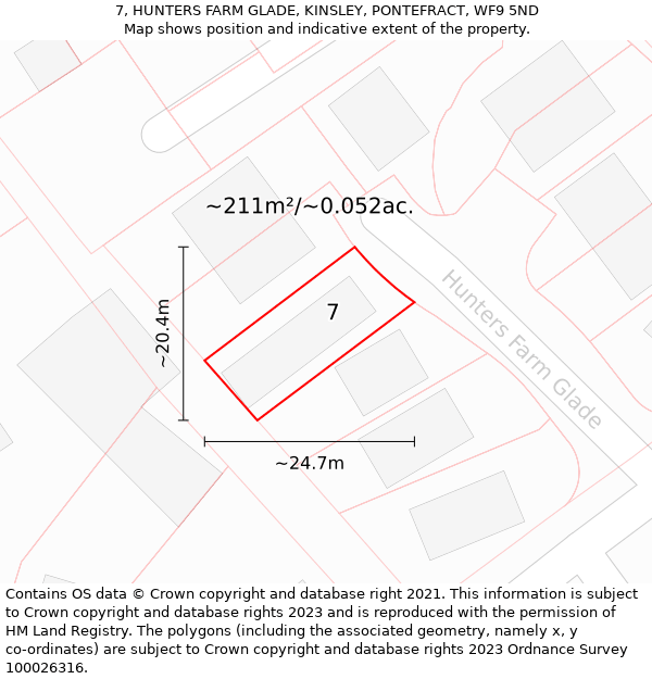 7, HUNTERS FARM GLADE, KINSLEY, PONTEFRACT, WF9 5ND: Plot and title map