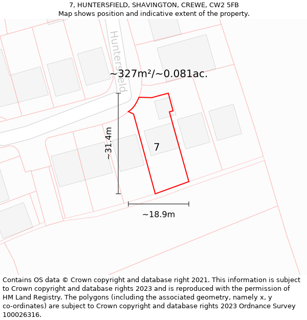 7, HUNTERSFIELD, SHAVINGTON, CREWE, CW2 5FB: Plot and title map