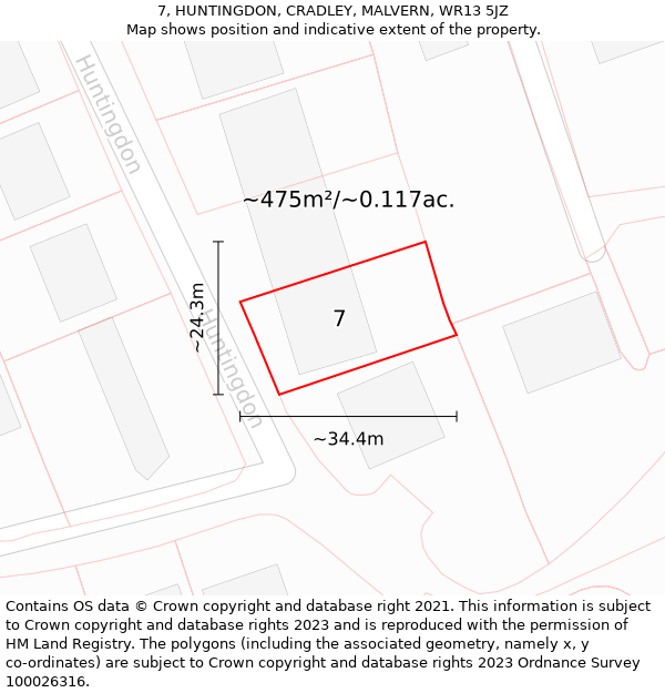 7, HUNTINGDON, CRADLEY, MALVERN, WR13 5JZ: Plot and title map