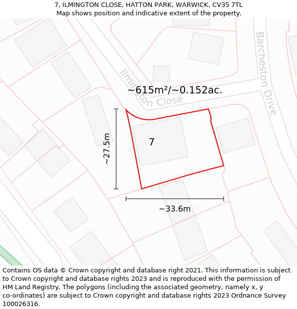 7, ILMINGTON CLOSE, HATTON PARK, WARWICK, CV35 7TL: Plot and title map