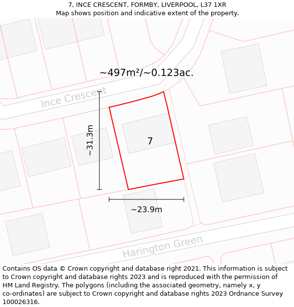 7, INCE CRESCENT, FORMBY, LIVERPOOL, L37 1XR: Plot and title map