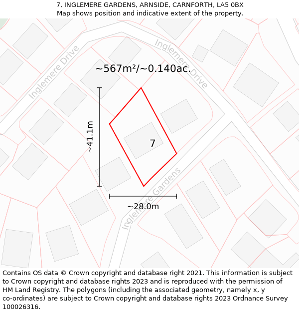 7, INGLEMERE GARDENS, ARNSIDE, CARNFORTH, LA5 0BX: Plot and title map