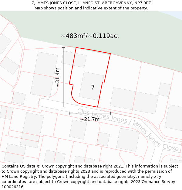 7, JAMES JONES CLOSE, LLANFOIST, ABERGAVENNY, NP7 9PZ: Plot and title map