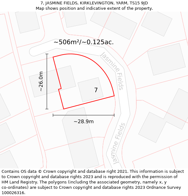 7, JASMINE FIELDS, KIRKLEVINGTON, YARM, TS15 9JD: Plot and title map