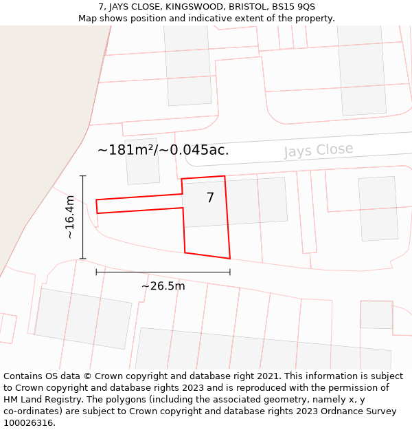 7, JAYS CLOSE, KINGSWOOD, BRISTOL, BS15 9QS: Plot and title map