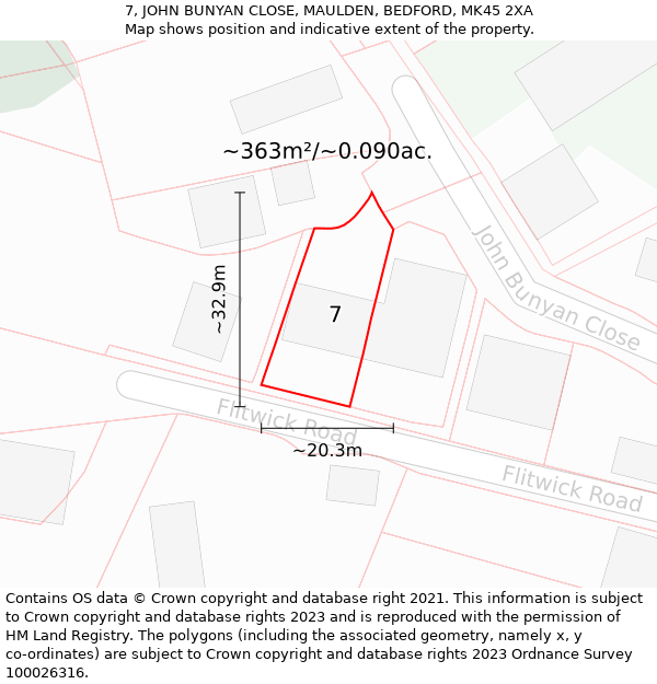 7, JOHN BUNYAN CLOSE, MAULDEN, BEDFORD, MK45 2XA: Plot and title map